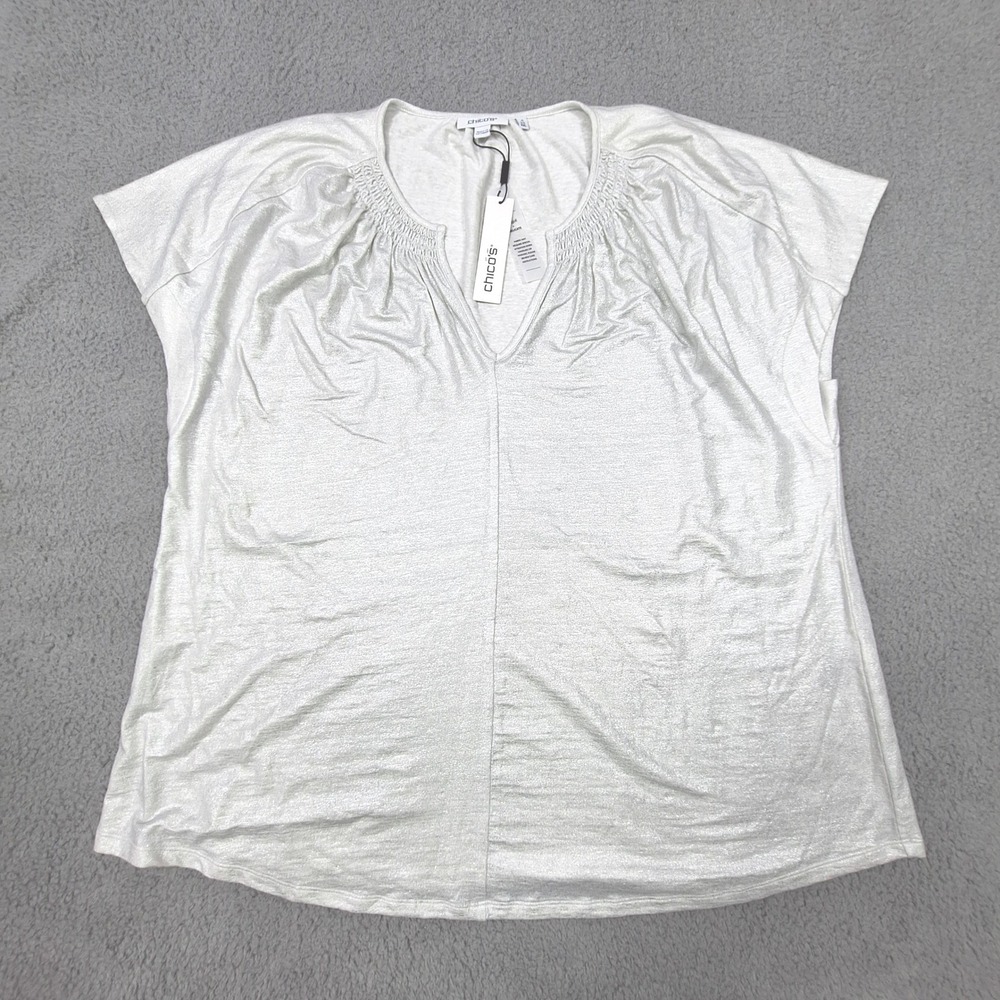 Chicos Metallic Foil Top Womens XXL Alabaster Linen Smocked V-Neck New